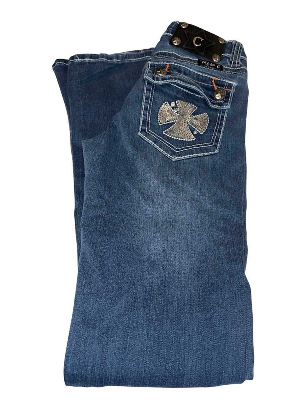 Miss C jeans bootcut rhinestones & sequins 5 pockets button/zip low rise Size 25